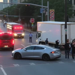 Scene of a tragic crash in Midtown Atlanta involving a Tesla and a box truck.