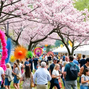 Festival attendees enjoy the Atlanta Dogwood Festival with art displays and blooming flowers.