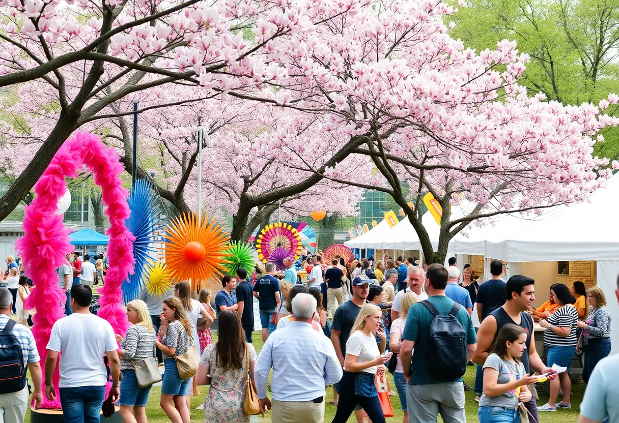 Festival attendees enjoy the Atlanta Dogwood Festival with art displays and blooming flowers.