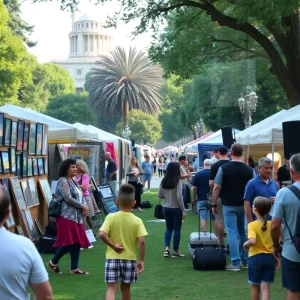 Crowds enjoying the Atlanta Dogwood Festival at Piedmont Park with art vendors and live performances.