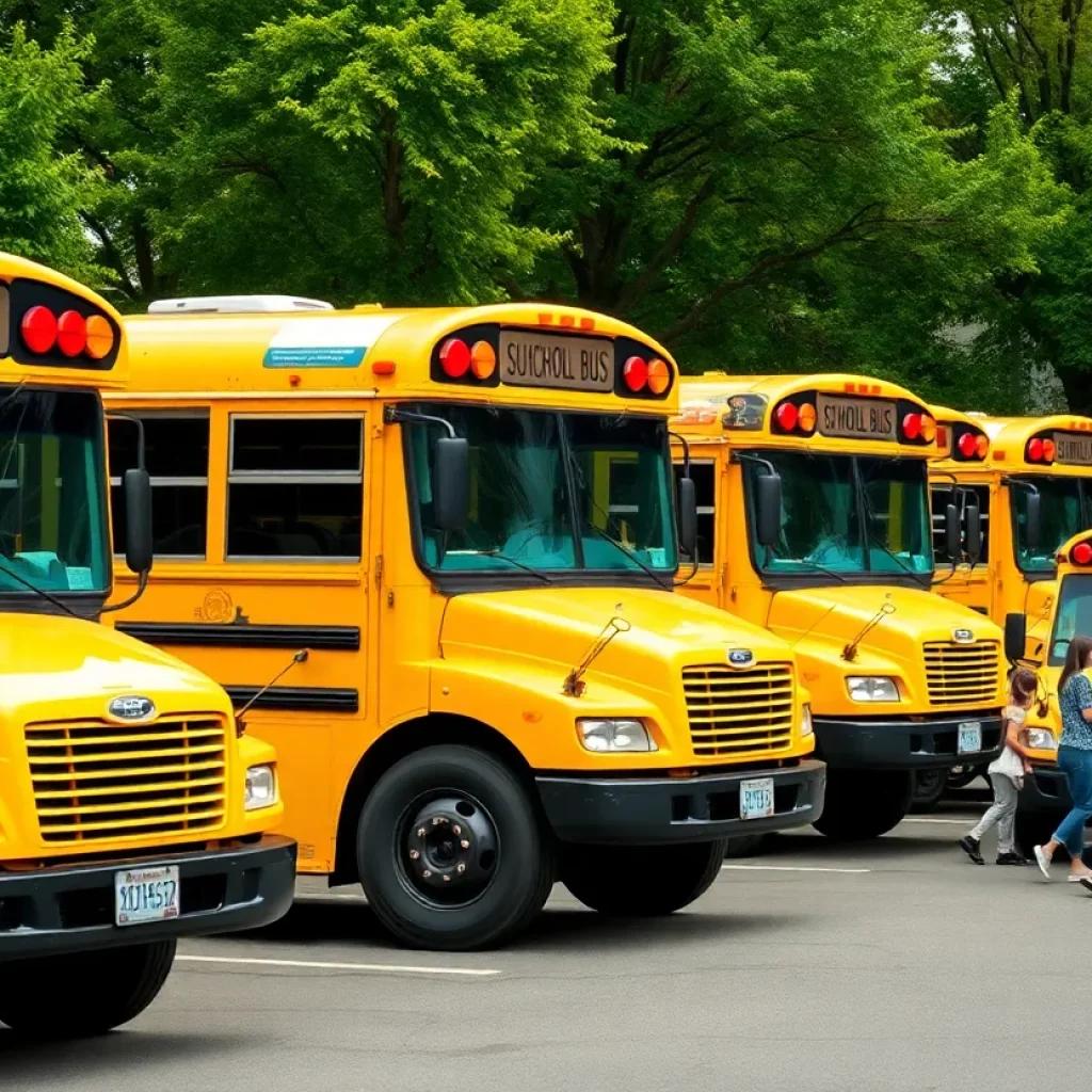 Electric school buses parked at an Atlanta school