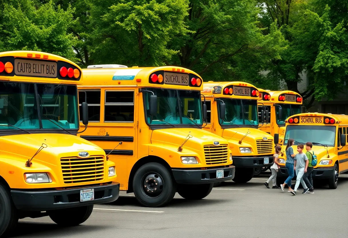 Electric school buses parked at an Atlanta school