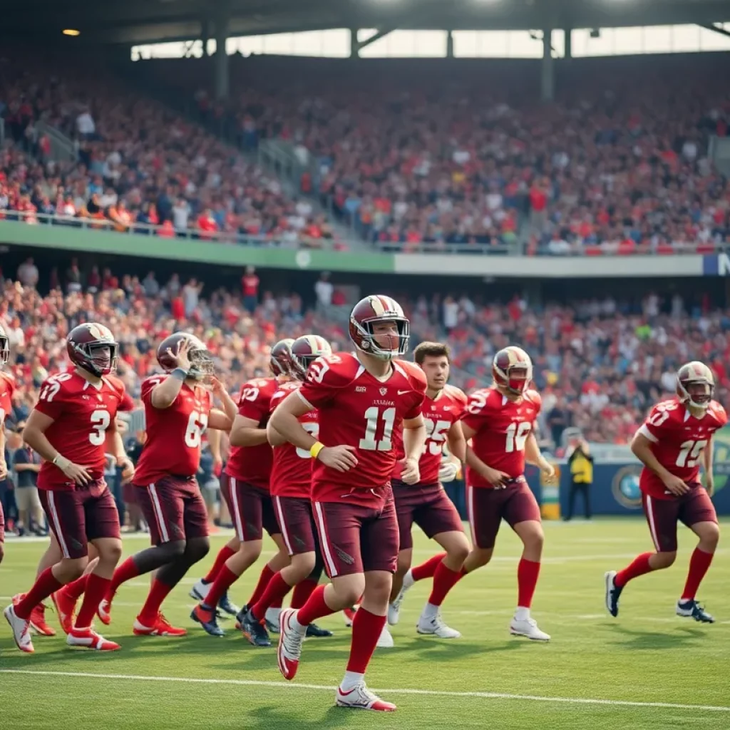 Atlanta Falcons players celebrating a draft pick in a stadium