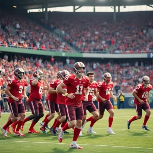 Atlanta Falcons players celebrating a draft pick in a stadium