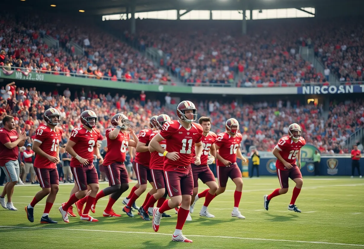 Atlanta Falcons players celebrating a draft pick in a stadium