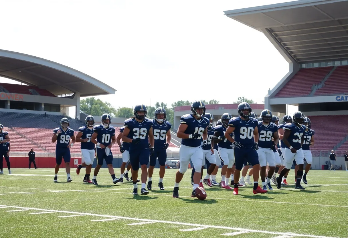 Atlanta Falcons players practicing on the field
