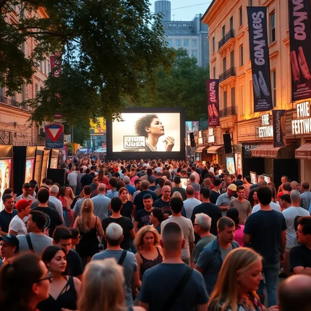 Crowd enjoying a film festival in Atlanta with colorful banners