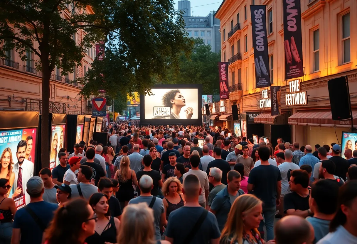 Crowd enjoying a film festival in Atlanta with colorful banners