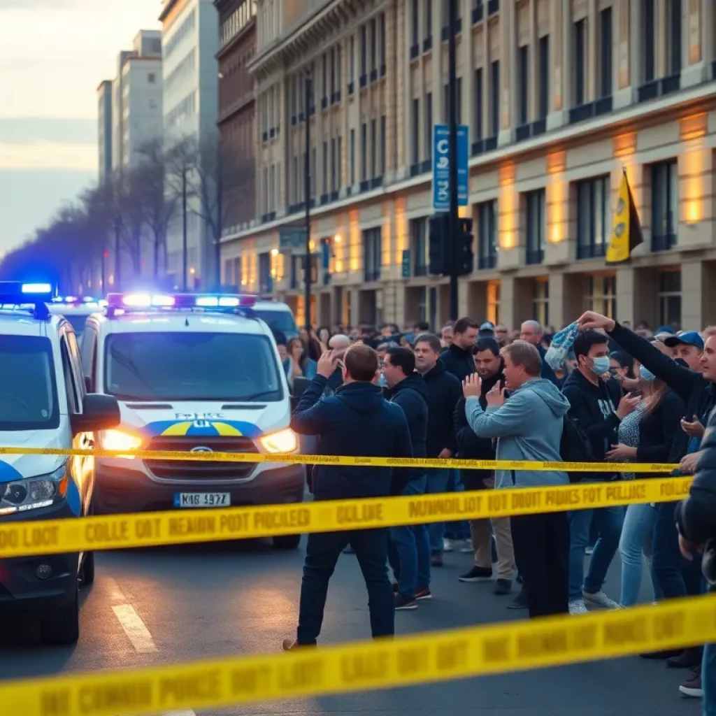 Police vehicles and crowd at a shooting incident scene in Atlanta