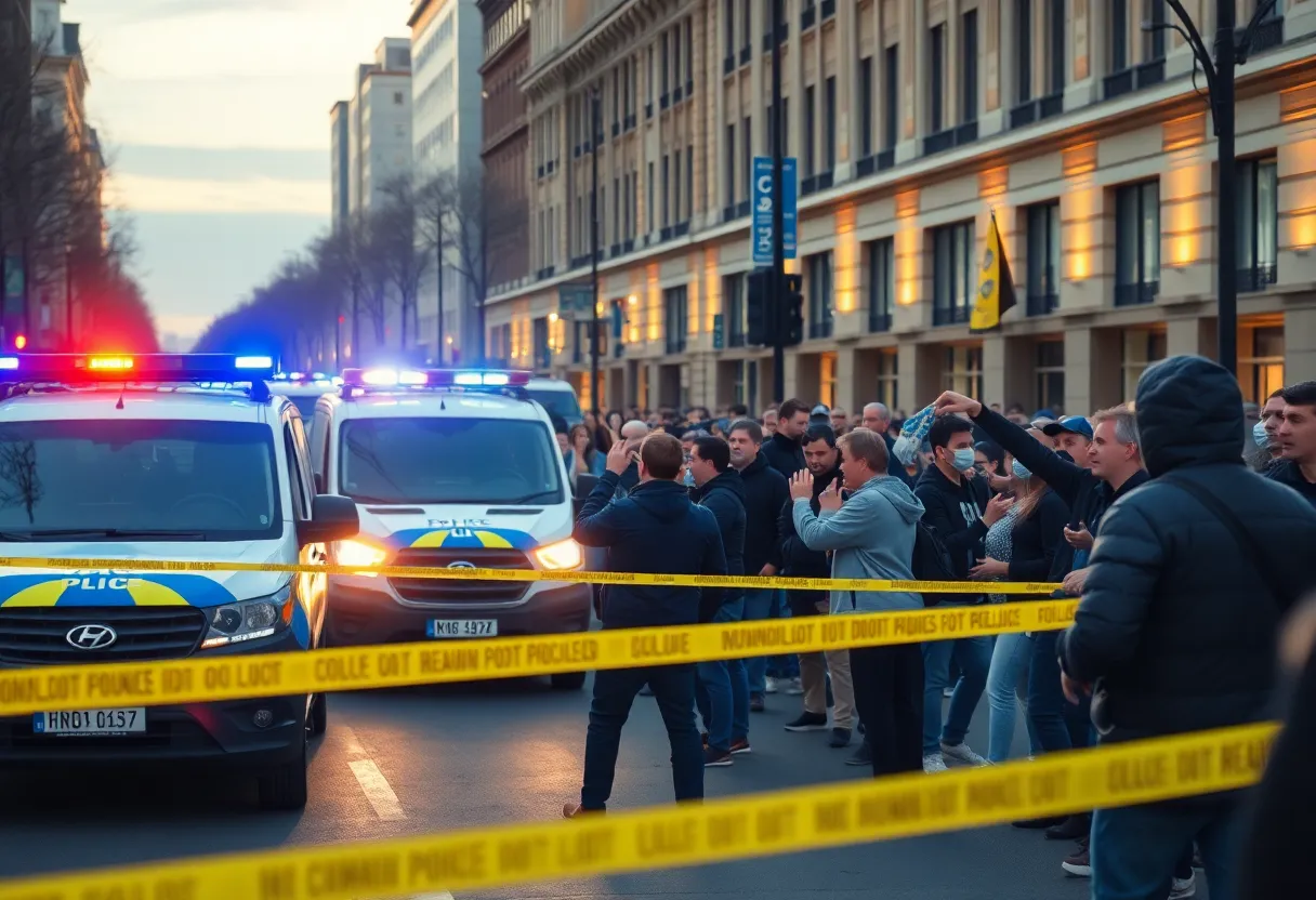 Police vehicles and crowd at a shooting incident scene in Atlanta