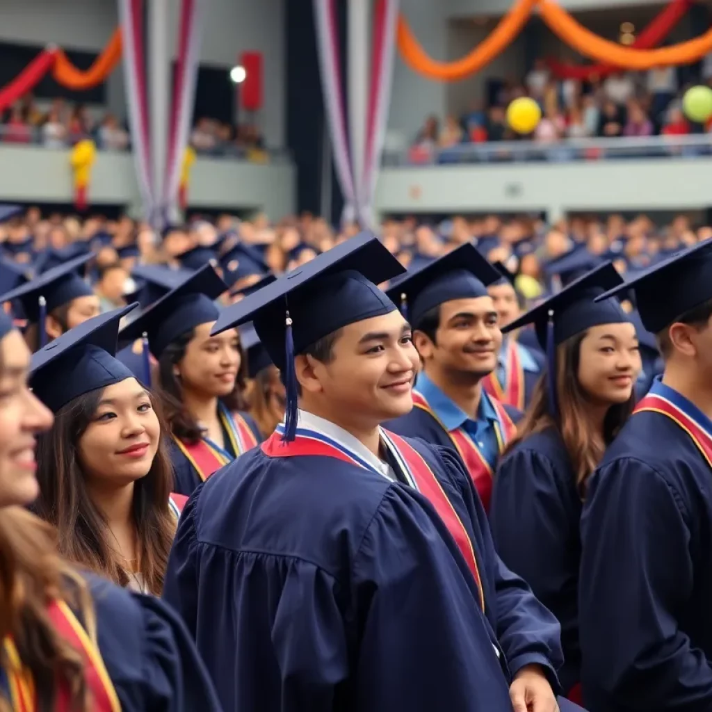 Graduation ceremony at a college in Atlanta with students celebrating