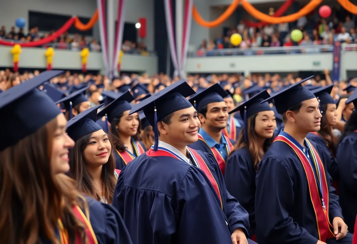 Graduation ceremony at a college in Atlanta with students celebrating