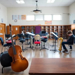 A band room filled with musical instruments, symbolizing education and safety concerns.