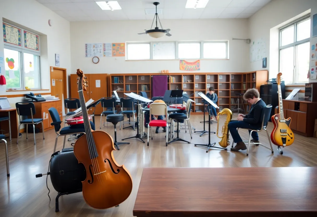 A band room filled with musical instruments, symbolizing education and safety concerns.