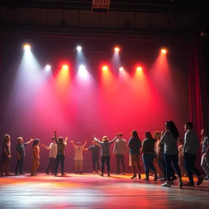 Theater stage with vibrant lights representing 'John Proctor Is the Villain'