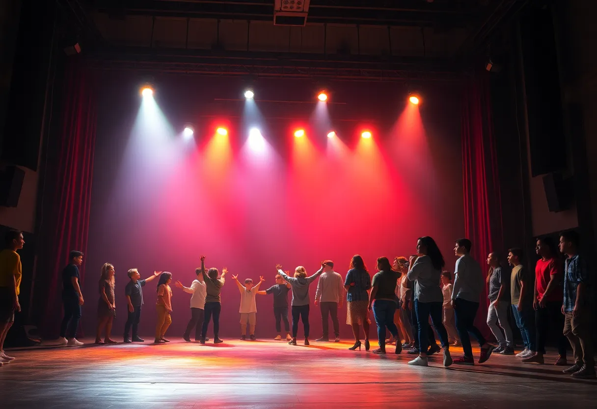 Theater stage with vibrant lights representing 'John Proctor Is the Villain'