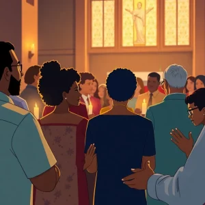 A community of Catholics gathered in prayer at a church.