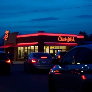 Chick-fil-A drive-thru with police presence at dusk