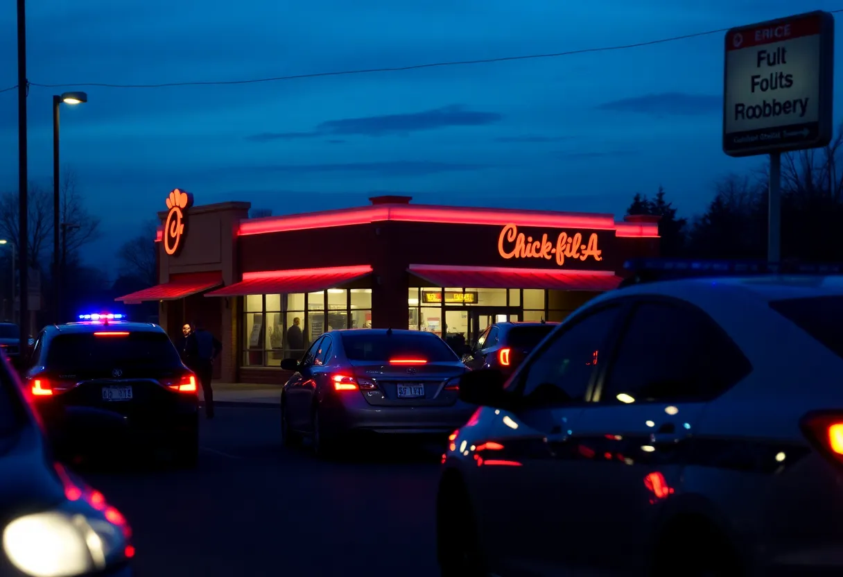 Chick-fil-A drive-thru with police presence at dusk