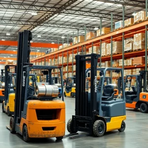 Various CLARK material handling equipment displayed in a warehouse