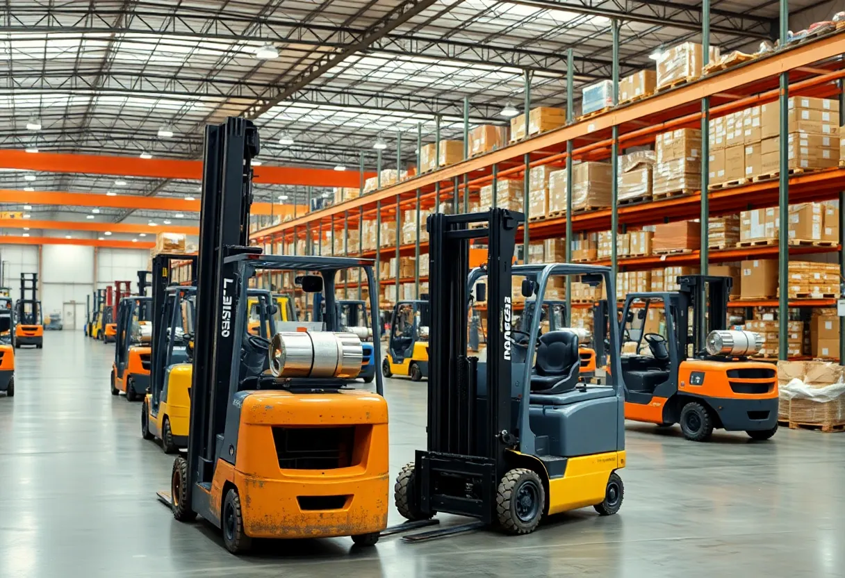 Various CLARK material handling equipment displayed in a warehouse