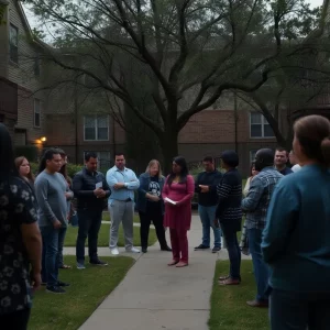 Community members gathering outside an apartment complex in Atlanta after the tragic shooting of a two-year-old boy.