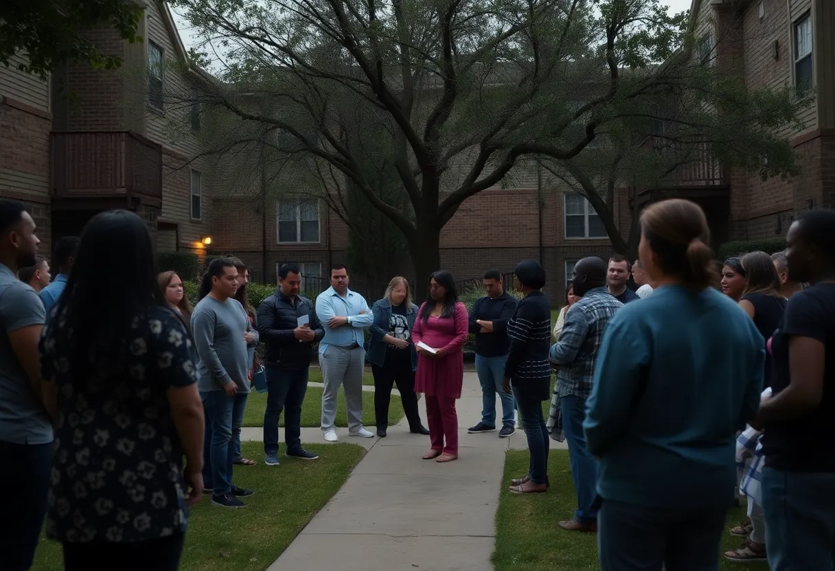 Community members gathering outside an apartment complex in Atlanta after the tragic shooting of a two-year-old boy.