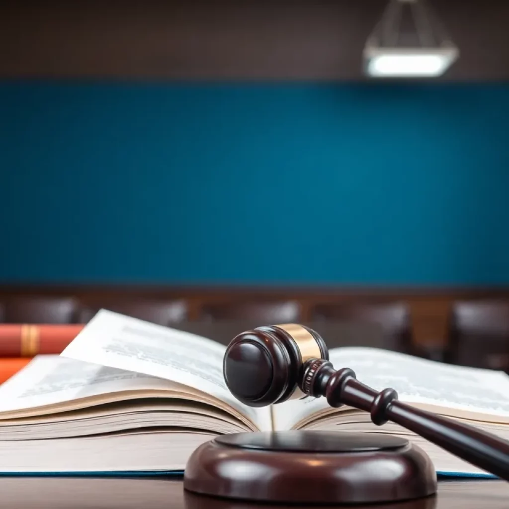 A courtroom scene with legal elements symbolizing justice