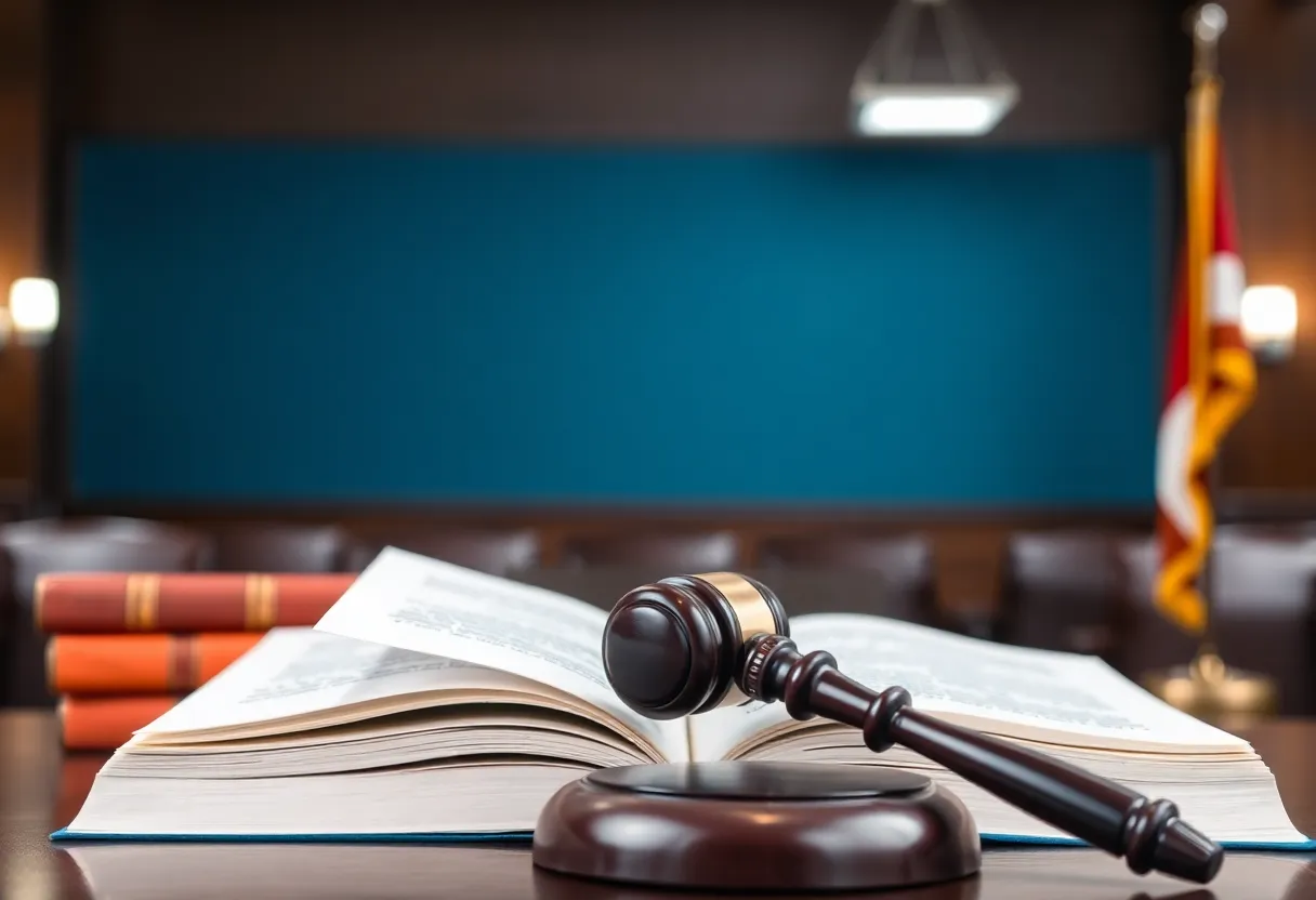 A courtroom scene with legal elements symbolizing justice