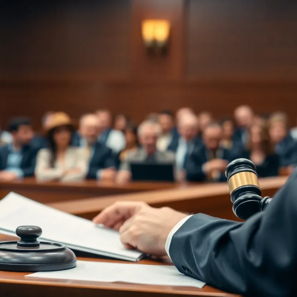 A courtroom with a judge and blurred audience