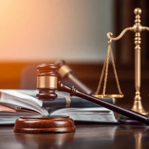 Abstract representation of a courtroom with legal symbols