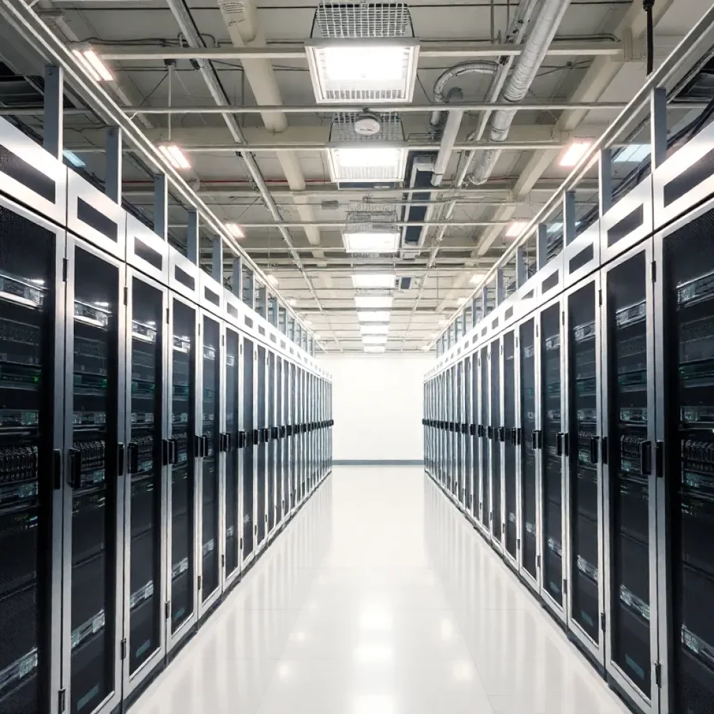 Illustration of a modern data center emphasizing job growth and sustainability