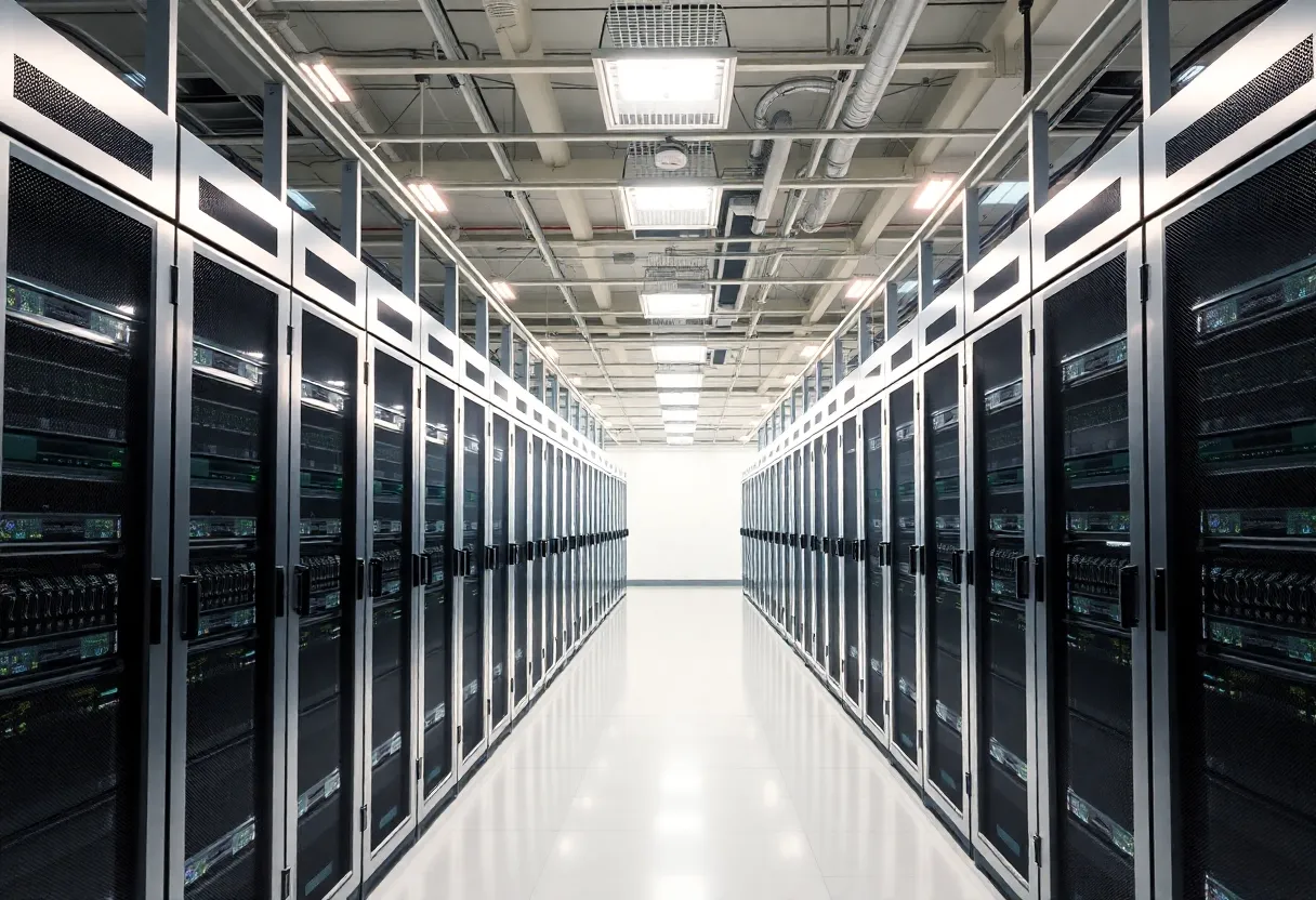 Illustration of a modern data center emphasizing job growth and sustainability