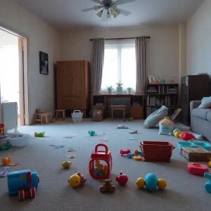 An empty living room with children's toys, depicting a tragic incident.