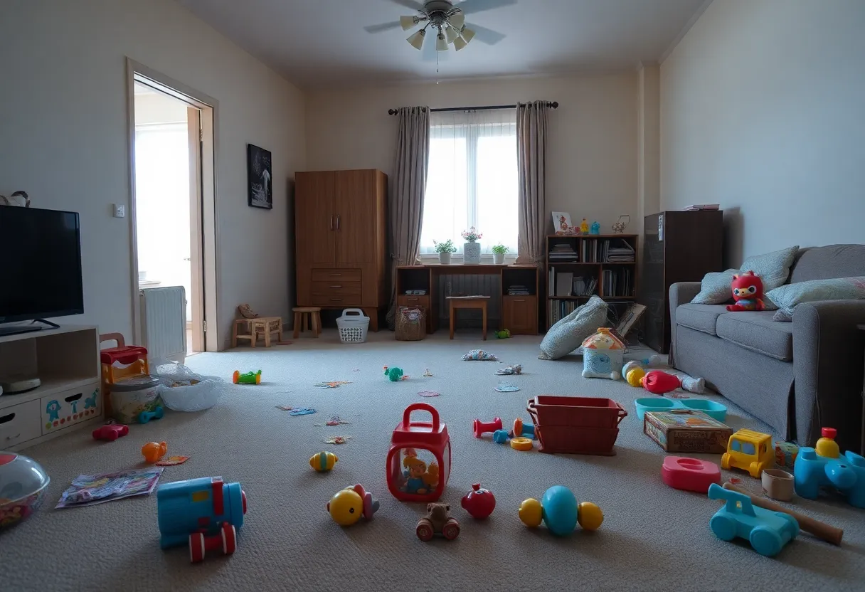 An empty living room with children's toys, depicting a tragic incident.
