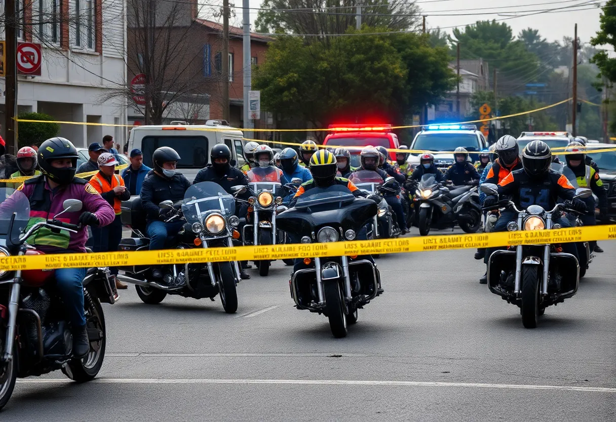 Emergency responders at a motorcycle gathering in Forest Park after a shooting incident.