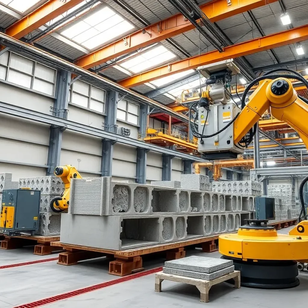 Futuristic precast concrete factory with advanced automation