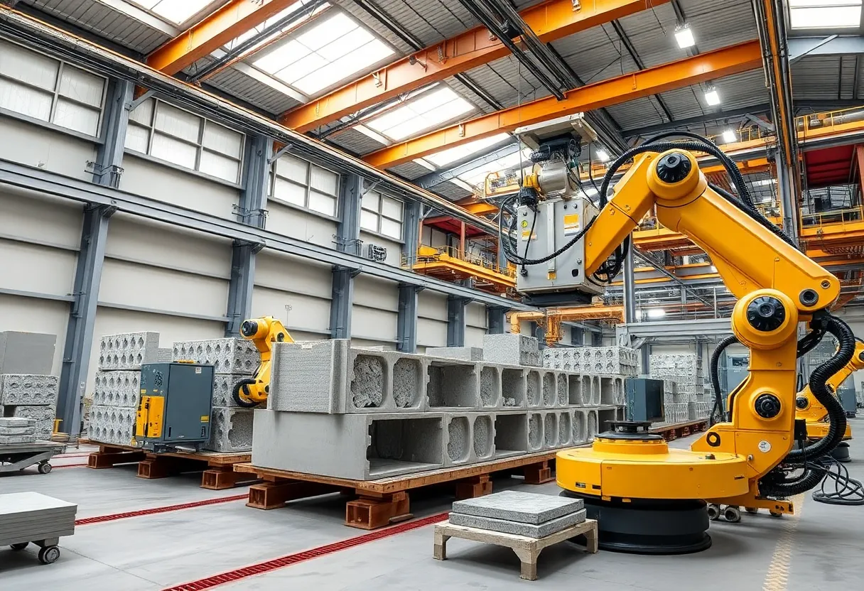 Futuristic precast concrete factory with advanced automation