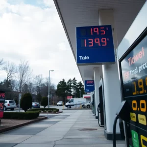 Gas station sign showing fluctuating fuel prices