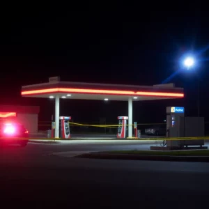 Police lights at a gas station scene