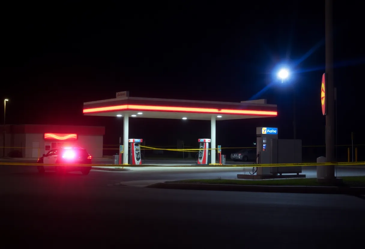 Police lights at a gas station scene