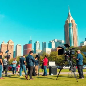 Film crew working on a set in Atlanta, Georgia
