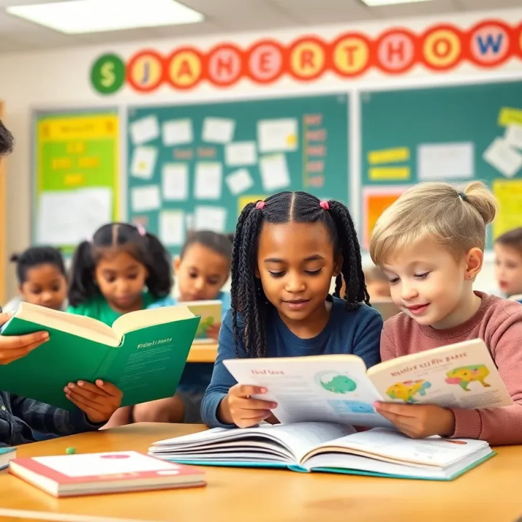 Students engaged in reading in a classroom setting.