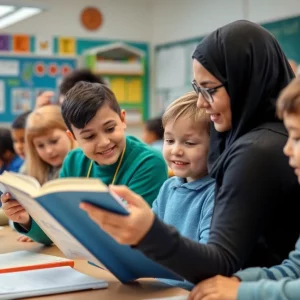 Students and teachers involved in literacy activities during a classroom session
