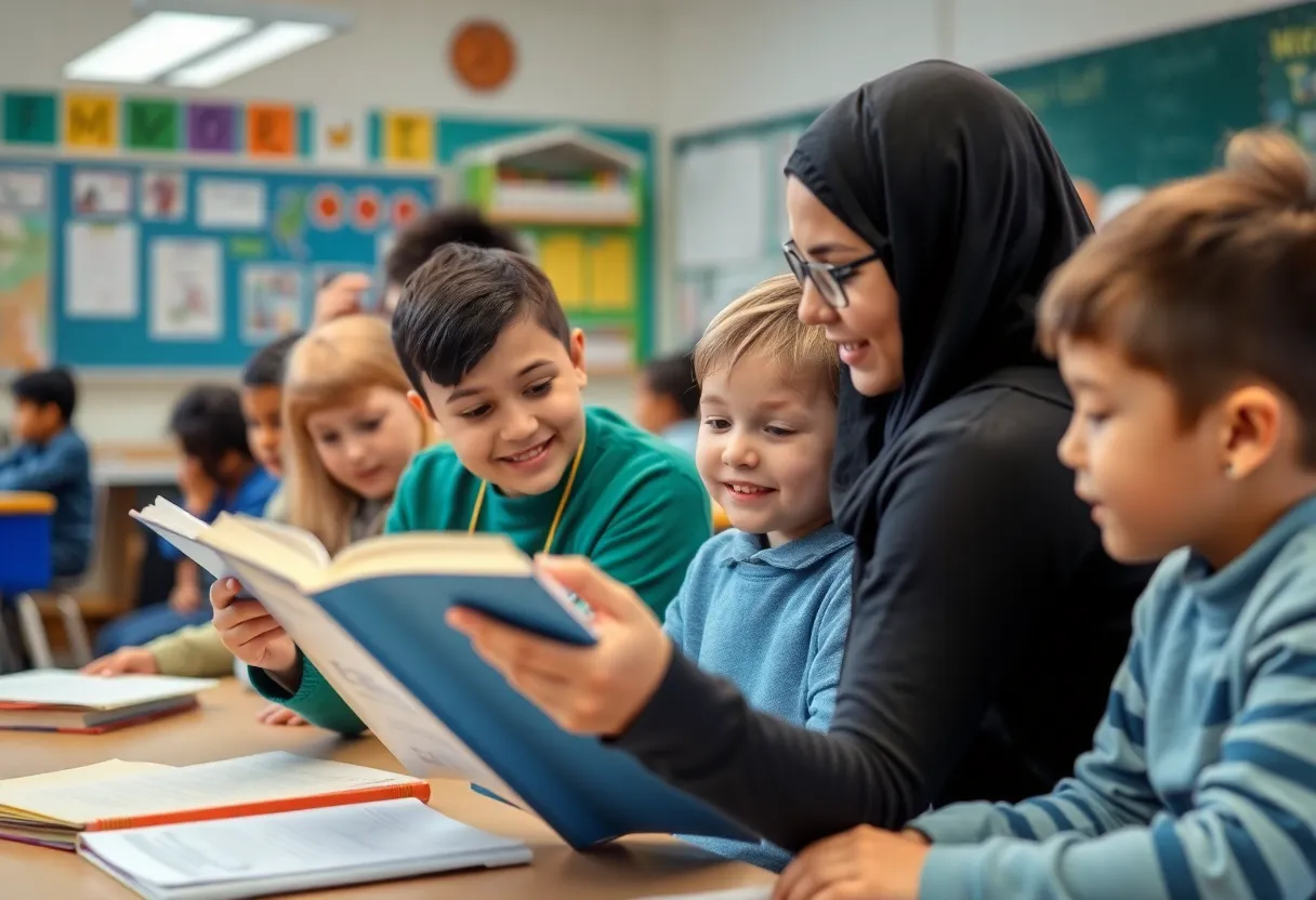 Students and teachers involved in literacy activities during a classroom session