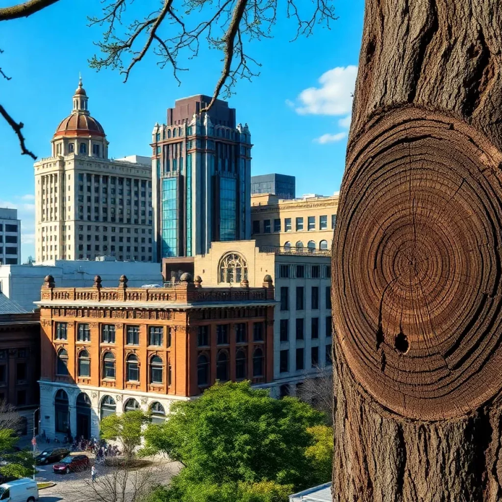 View of historic buildings in Atlanta with tree rings overlay.