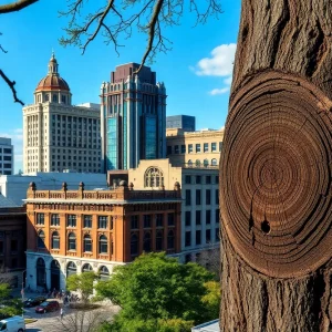 View of historic buildings in Atlanta with tree rings overlay.