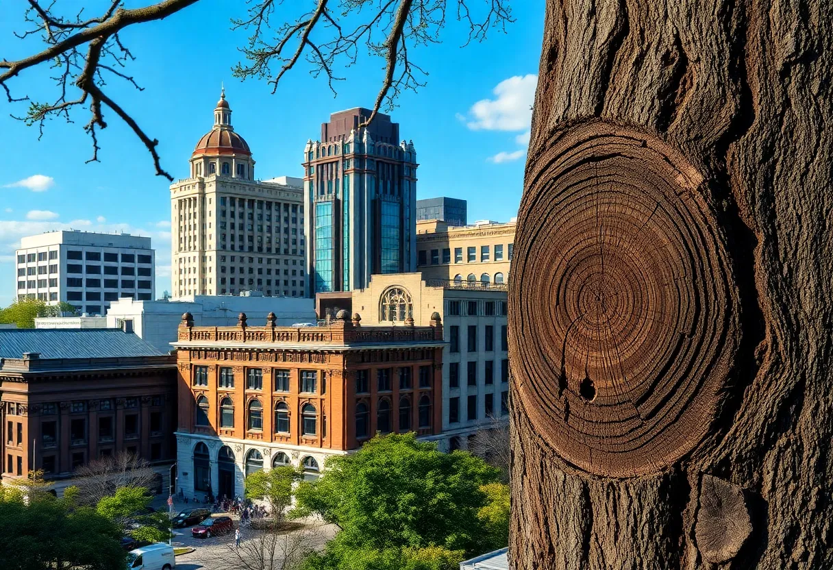 View of historic buildings in Atlanta with tree rings overlay.