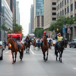 Emergency response team at the scene of a horse collapse in downtown Atlanta