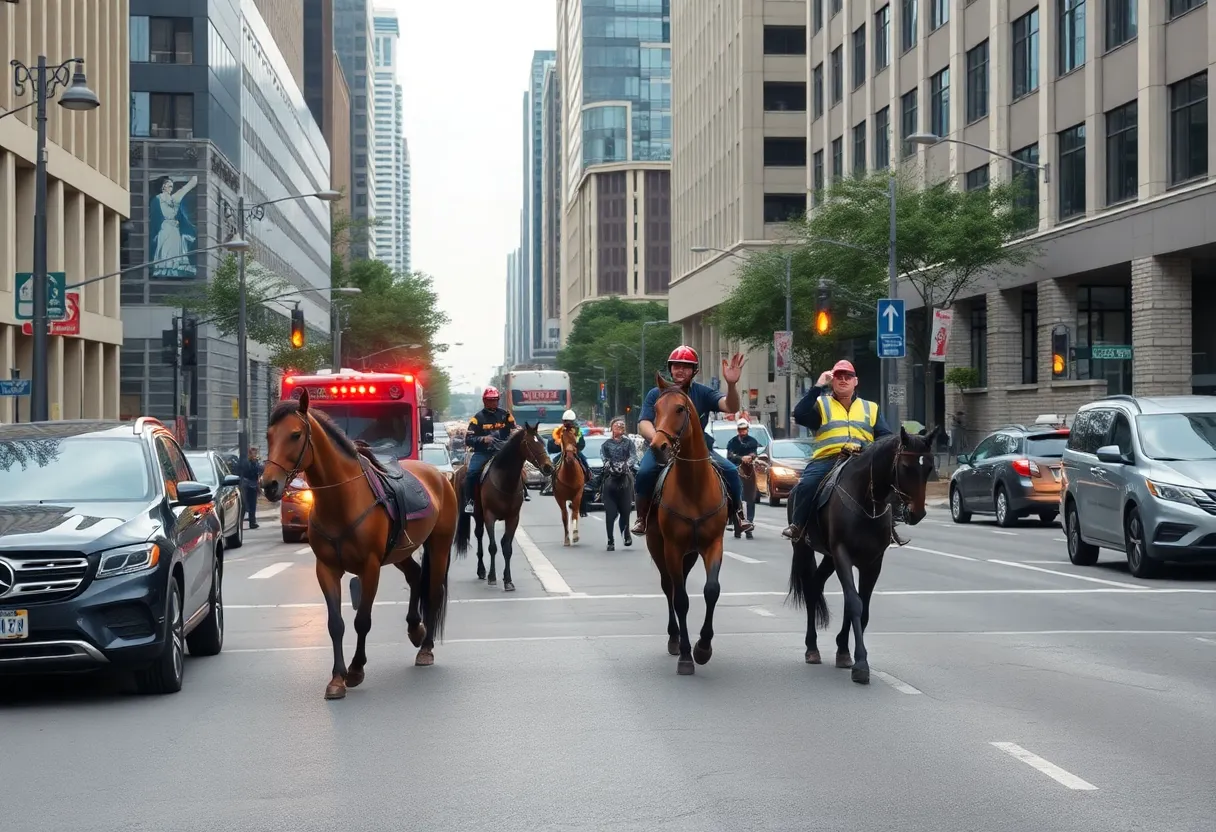 Emergency response team at the scene of a horse collapse in downtown Atlanta